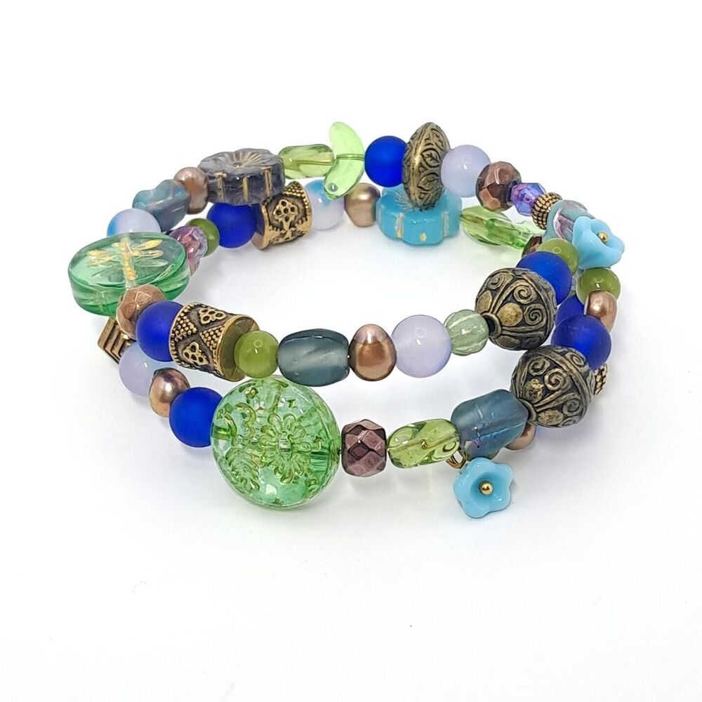 Nature Inspired Czech Glass Beaded Wrap Bracelet with Flower Charms Dragonflies